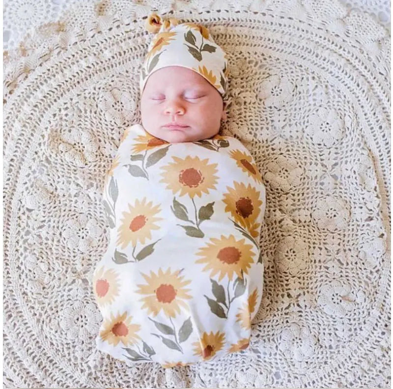 0-2 Months Sunflower Baby Cocoon Wrap + Knotted Cap