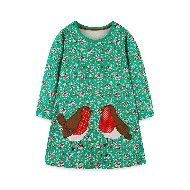Jumping Meters 2-7T Girls Dresses Birds Applique Autumn Spring Children's Party Girls Clothing Long Sleeve Floral Kids Frocks