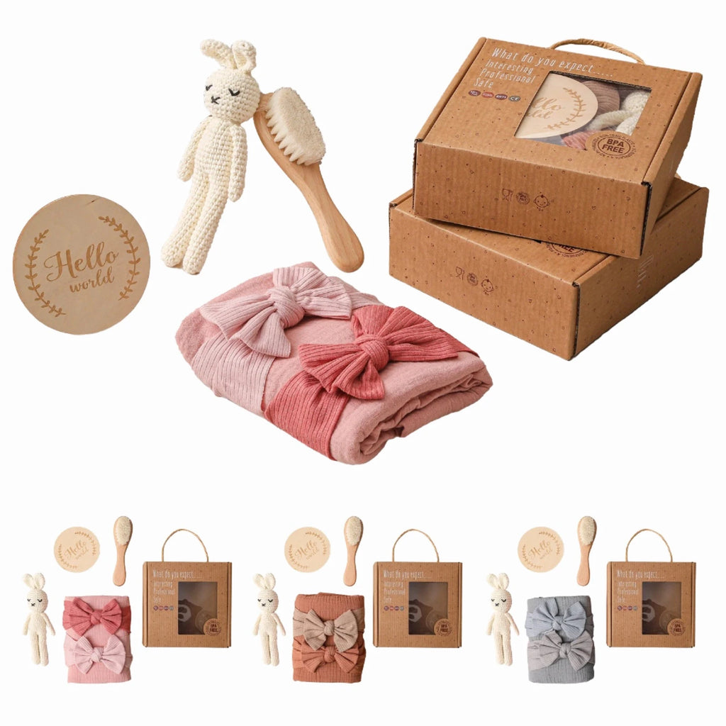 New Baby Towel Newborn Bath Toy Set Gifts Box Double Sided CottonBurp Cloth Headband Wooden Hair Brush Baby Bath Gift Product