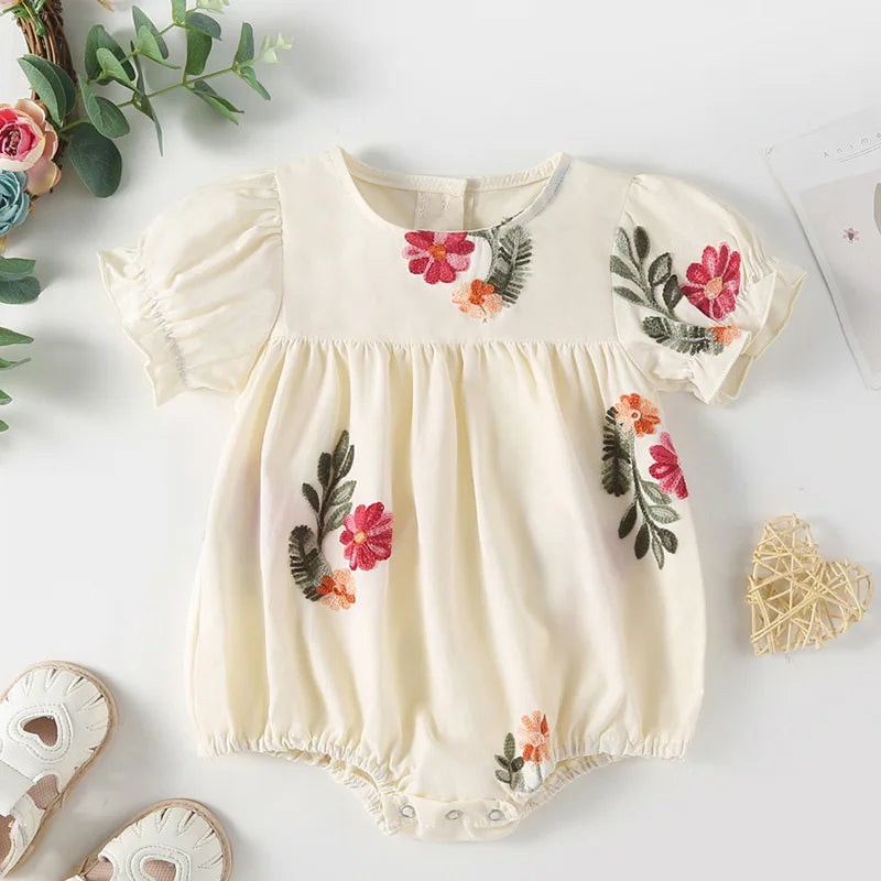 2024 New Summer 0-24M Baby Girl Clothing Toddler Baby Girls Jumpsuit Short Sleeved Cotton Flower Embroidery Bodysuits