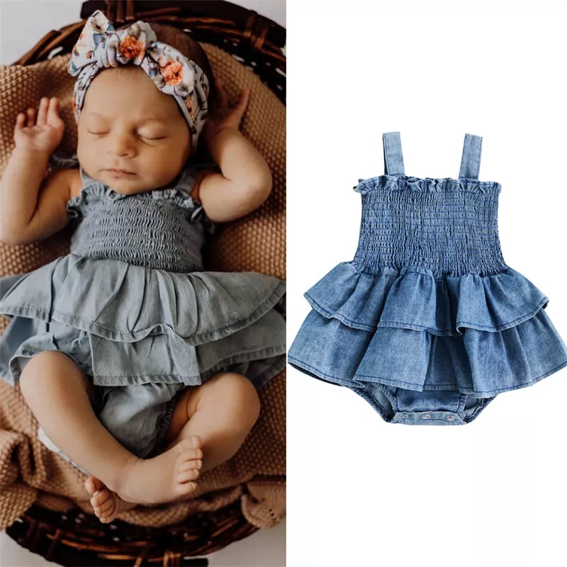Baby Girl Clothing 2022 Summer Denim Romper Sleeveless Suspender Pleated Design Ruffle Hem Bottom Snap Button Cute Jumpsuit