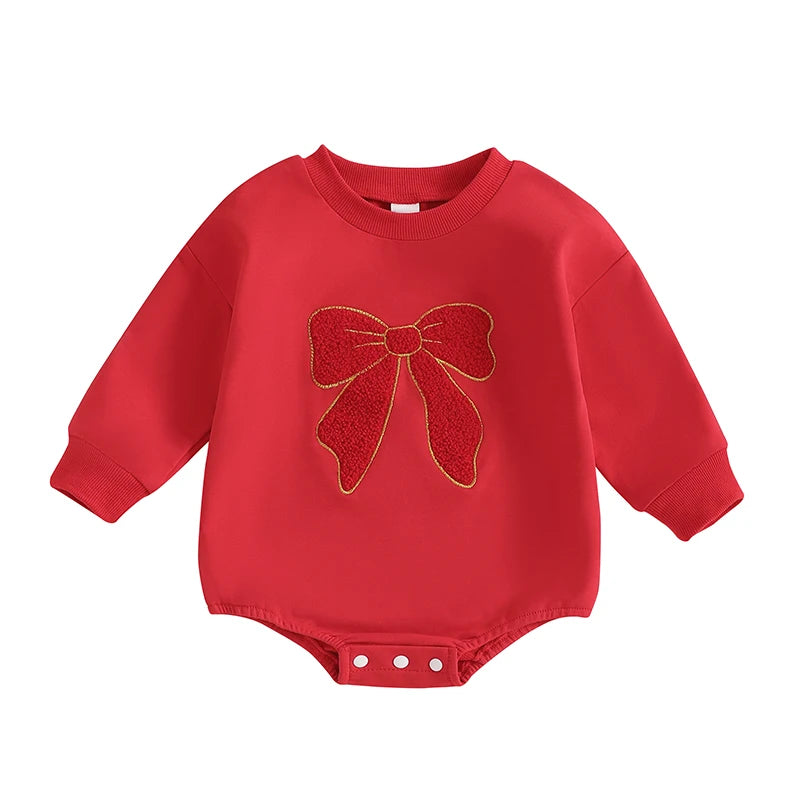 FOCUSNORM 0-18M Lovely Baby Girls Fall Sweatshirt Romper Bow Embroidery Long Sleeve Crew Neck Bubble Jumpsuit - Seazide Shop