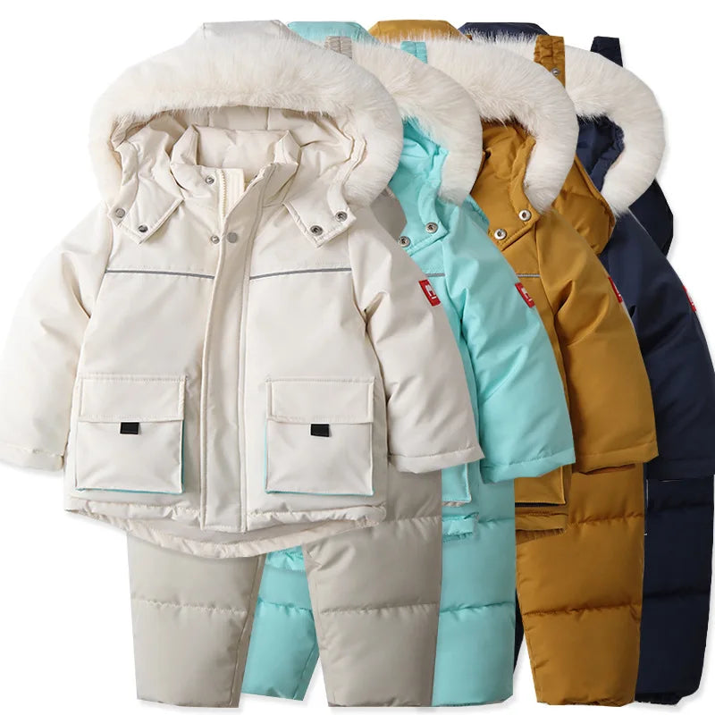 2-Piece Hooded Coat with Fur Lining + Overalls