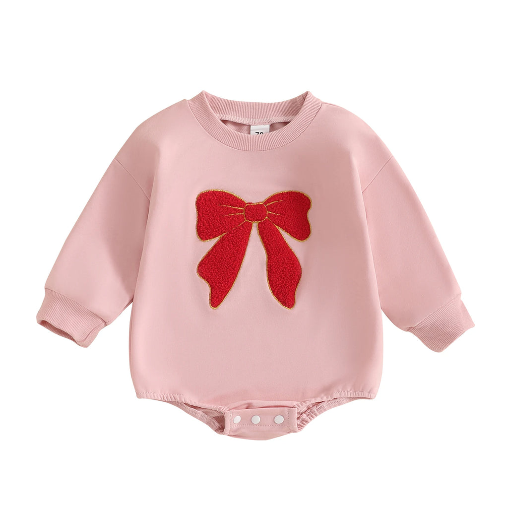 FOCUSNORM 0-18M Lovely Baby Girls Fall Sweatshirt Romper Bow Embroidery Long Sleeve Crew Neck Bubble Jumpsuit - Seazide Shop