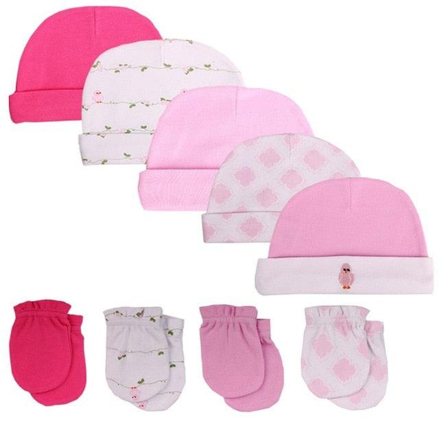 Pink Fitted Cotton Hat & Mittens
